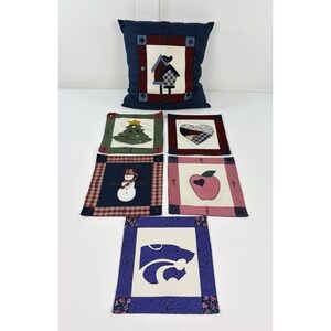 Handmade Interchangeable Button On Quilted Seasonal Holiday Pillow Cover Set 6pc
